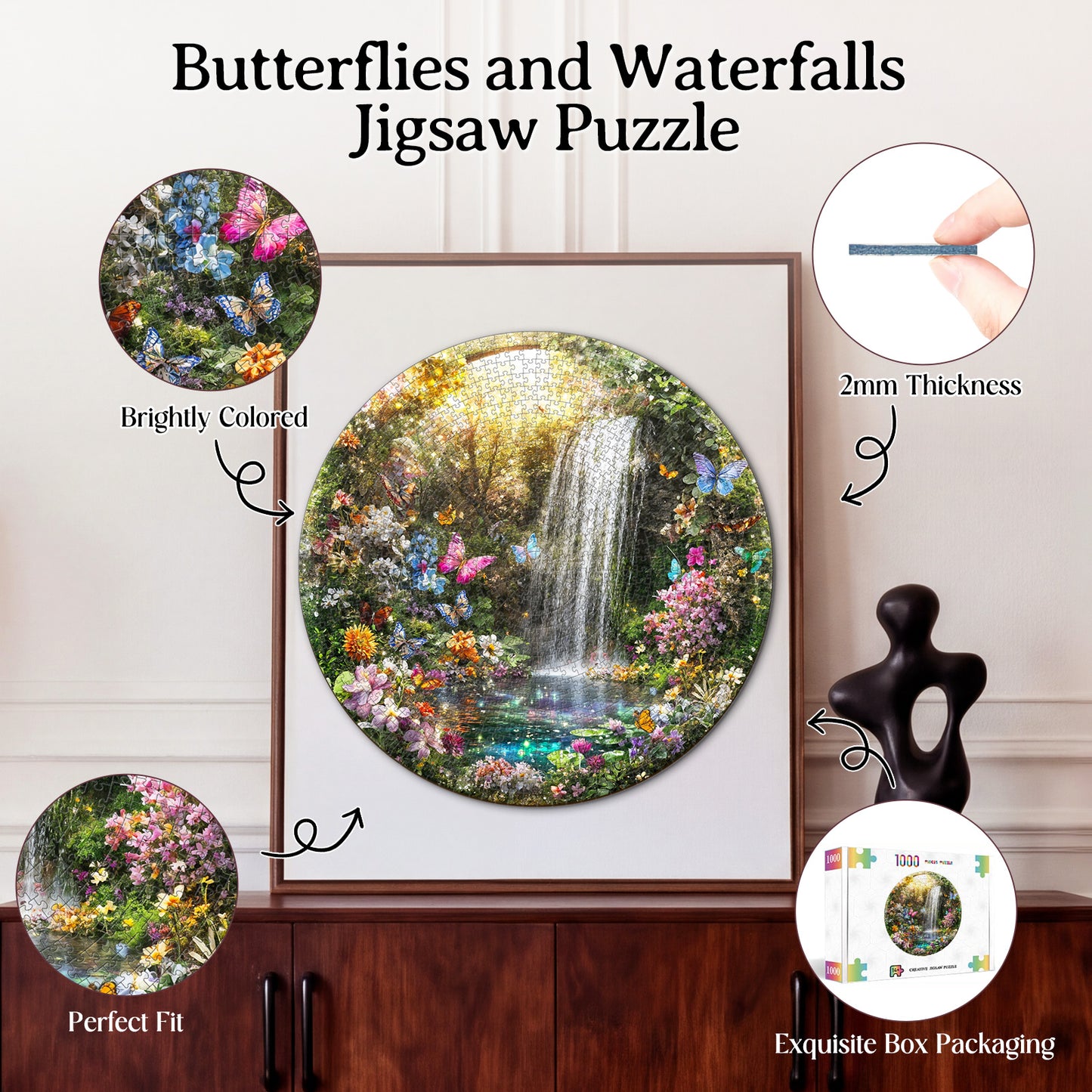 Butterflies and Waterfalls 1000-Piece Cardboard Jigsaw Puzzle