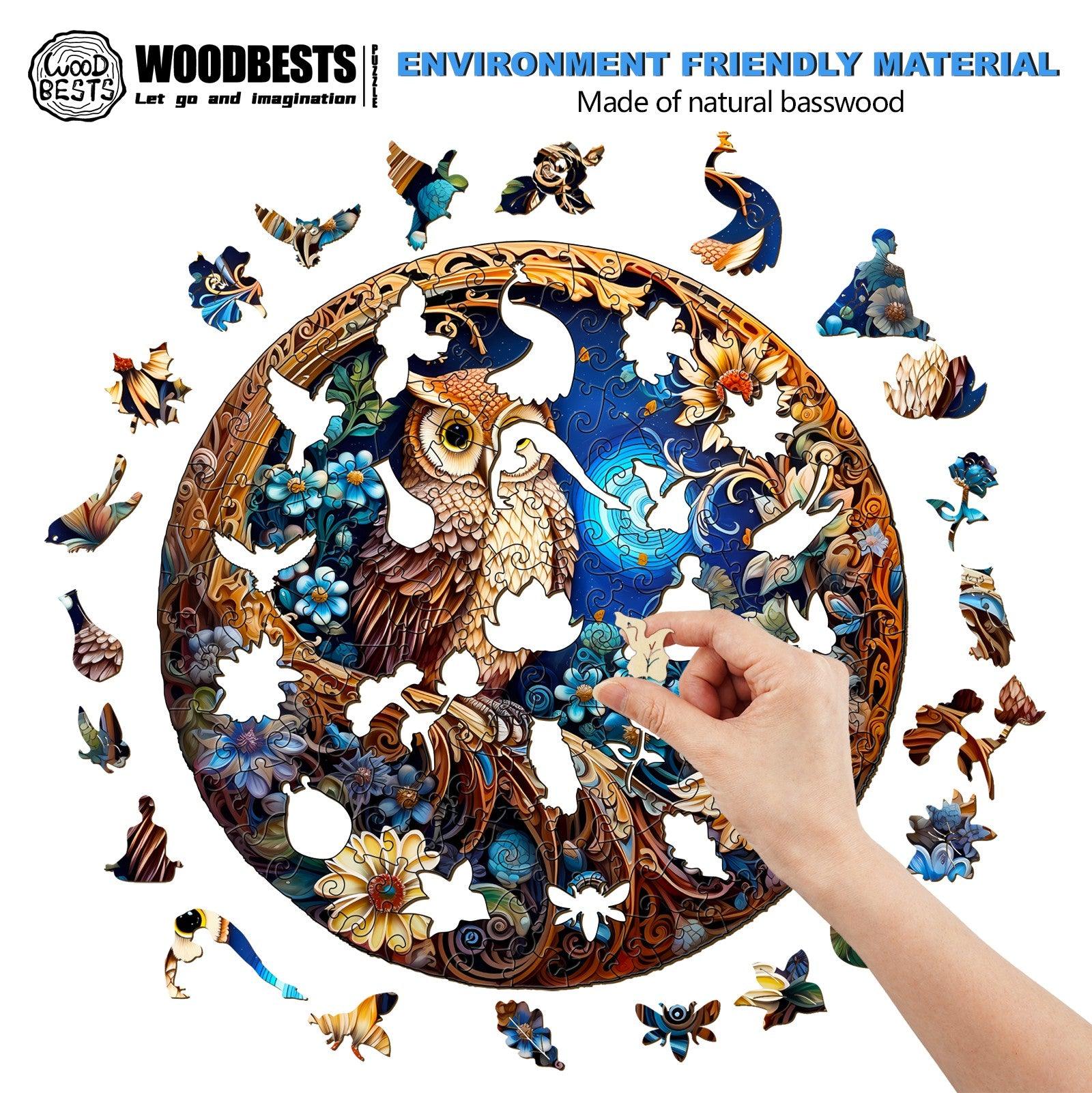 Whimsical Wooden Jigsaw Puzzle- moonlight owl
