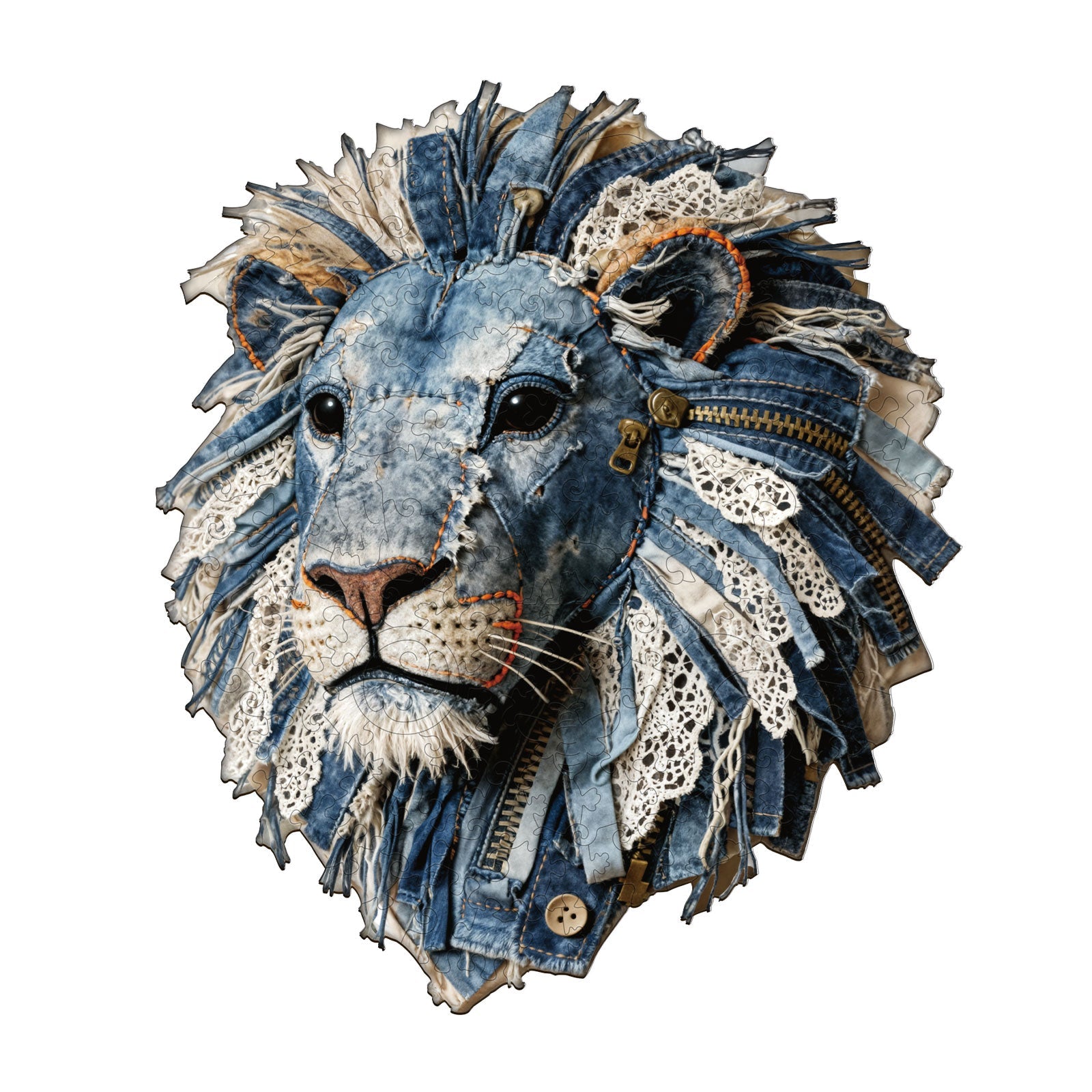 Whimsical Wooden Jigsaw Puzzle-Denim fabric lion
