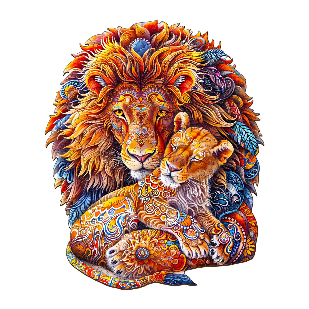 Whimsical Wooden Jigsaw Puzzle-Fatherly Lion