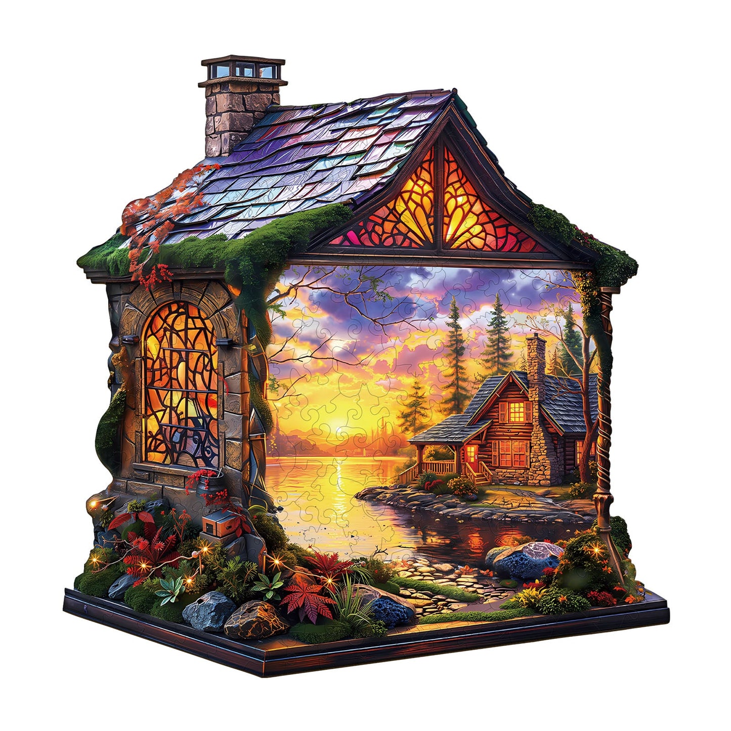 Verträumtes Holzpuzzle – Sonnenuntergang-Häuschen
