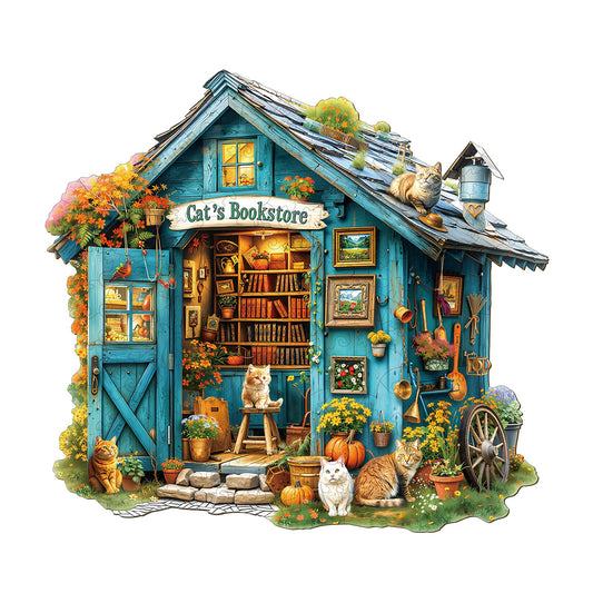 Whimsical Wooden Jigsaw Puzzle- Cat's Bookstore