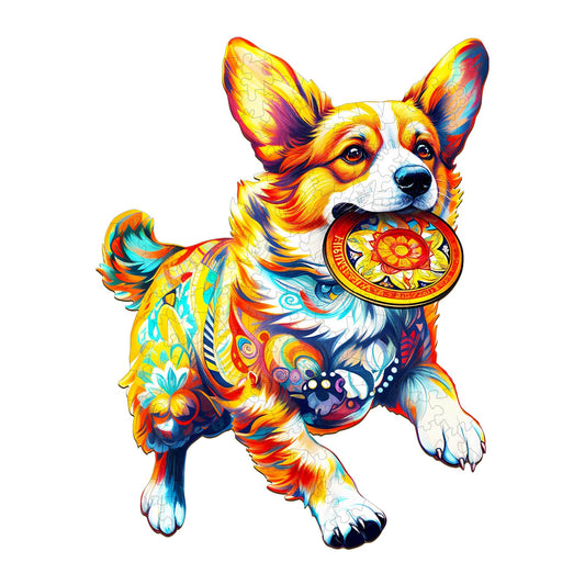 Faszinierendes Holzpuzzle – Hund beim Spielen mit Spielzeug