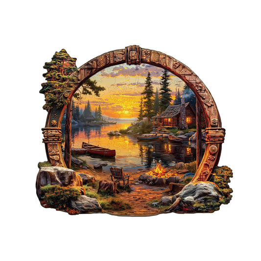 Puzzle en bois fantaisiste - Coucher de soleil sur le lac