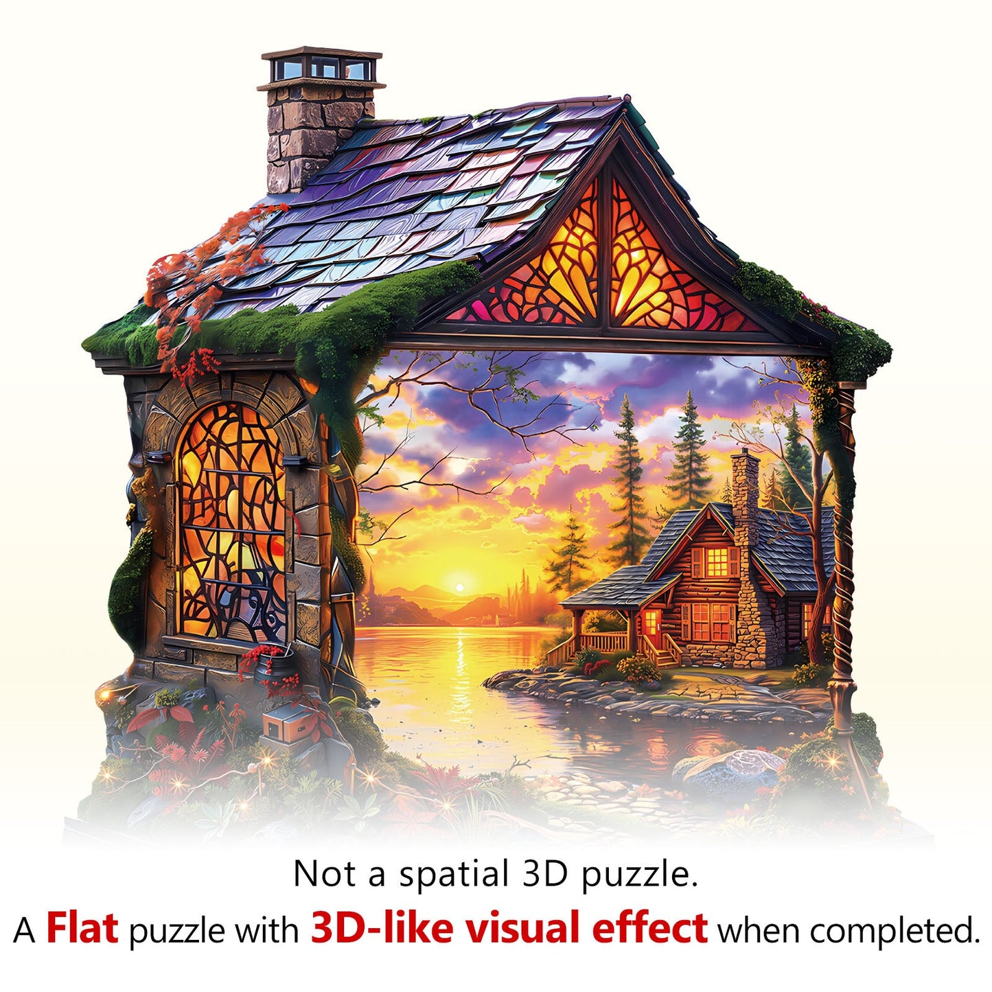 Verträumtes Holzpuzzle – Sonnenuntergang-Häuschen