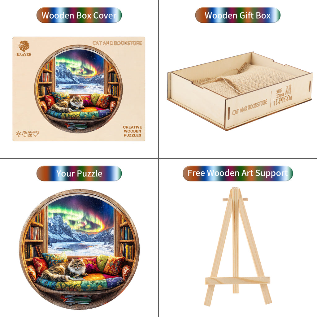 Whimsical Wooden Jigsaw Puzzle-Cat and Bookstore
