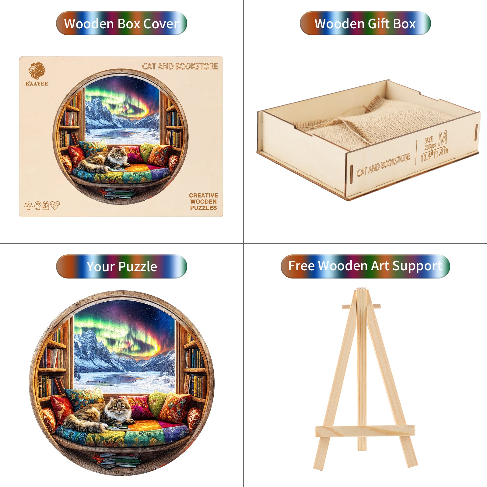 Whimsical Wooden Jigsaw Puzzle-Cat and Bookstore