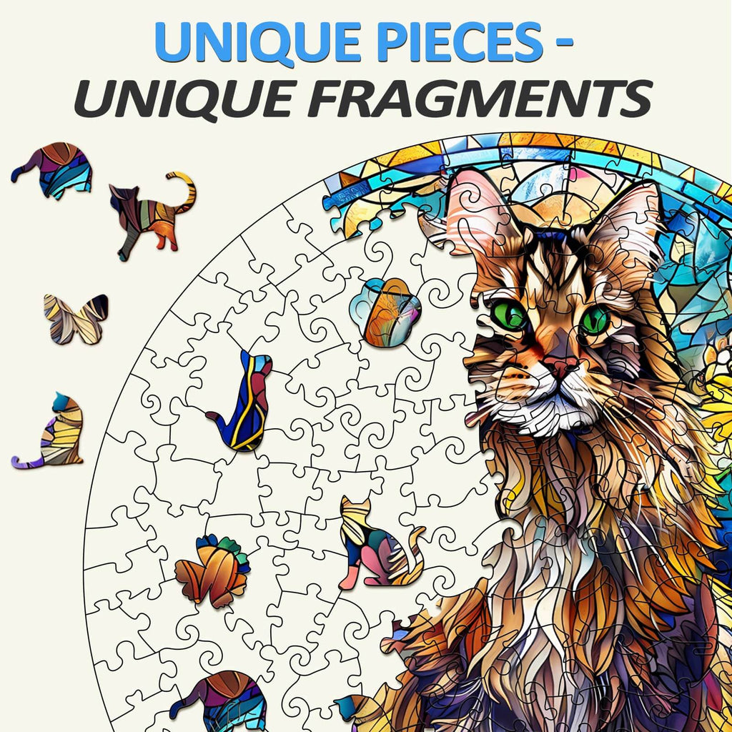 Whimsical Wooden Jigsaw Puzzle- Stained Glass Maine Coon