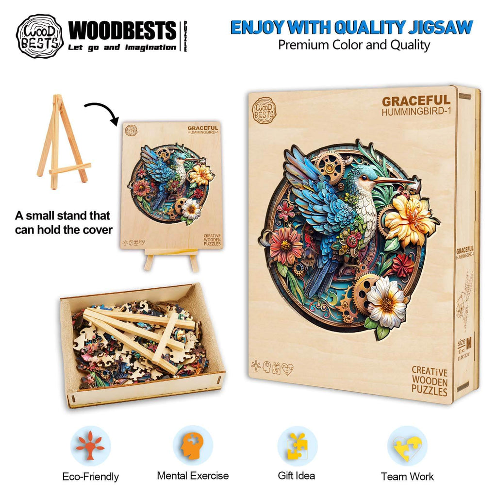 Whimsical Wooden Jigsaw Puzzle- Graceful hummingbird-1