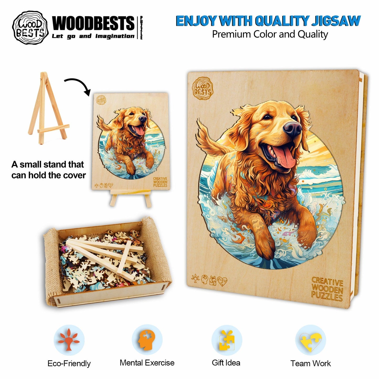 Verschmitztes Holz-Puzzle – fröhlicher Golden Retriever