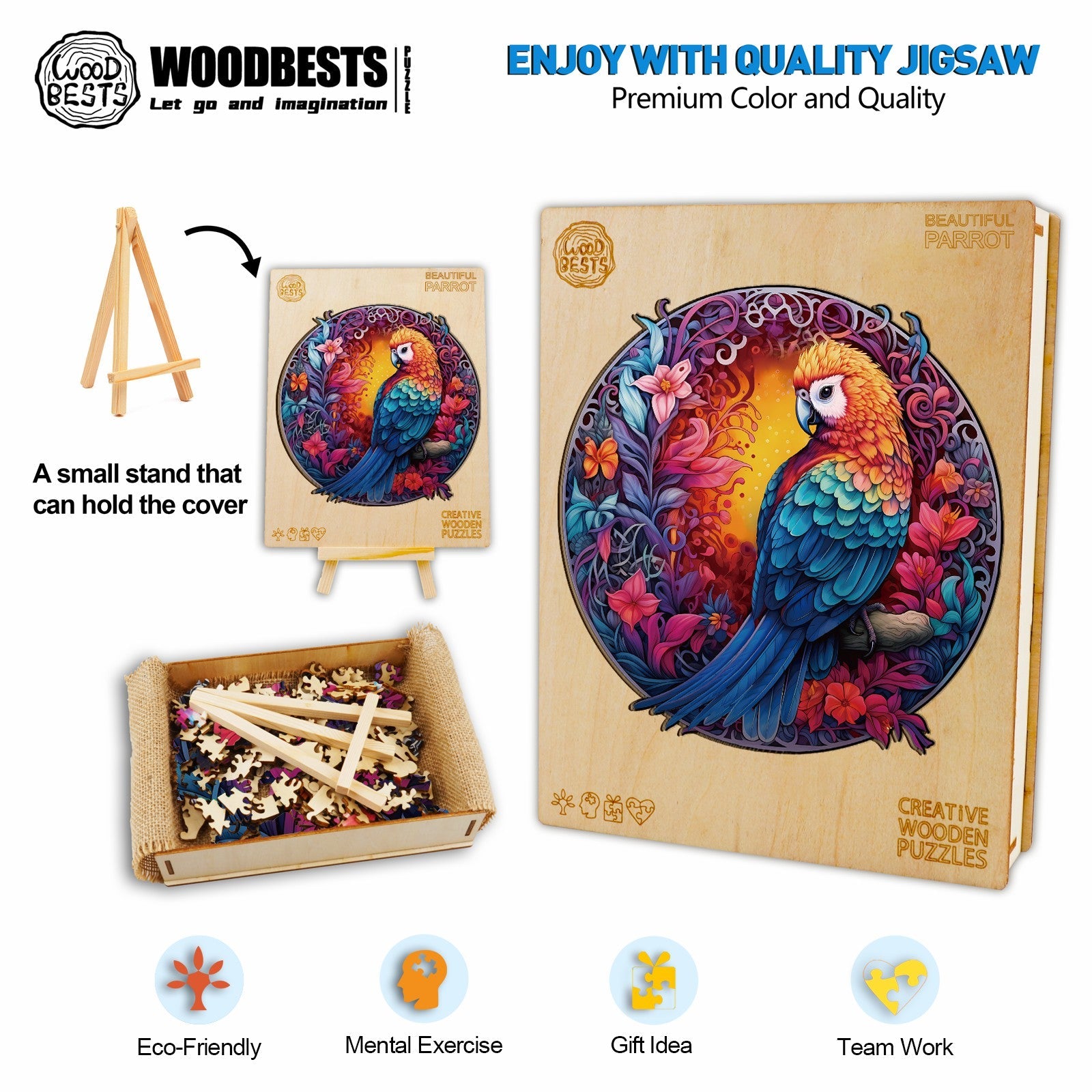 Whimsical Wooden Jigsaw Puzzle-Beautiful parrot