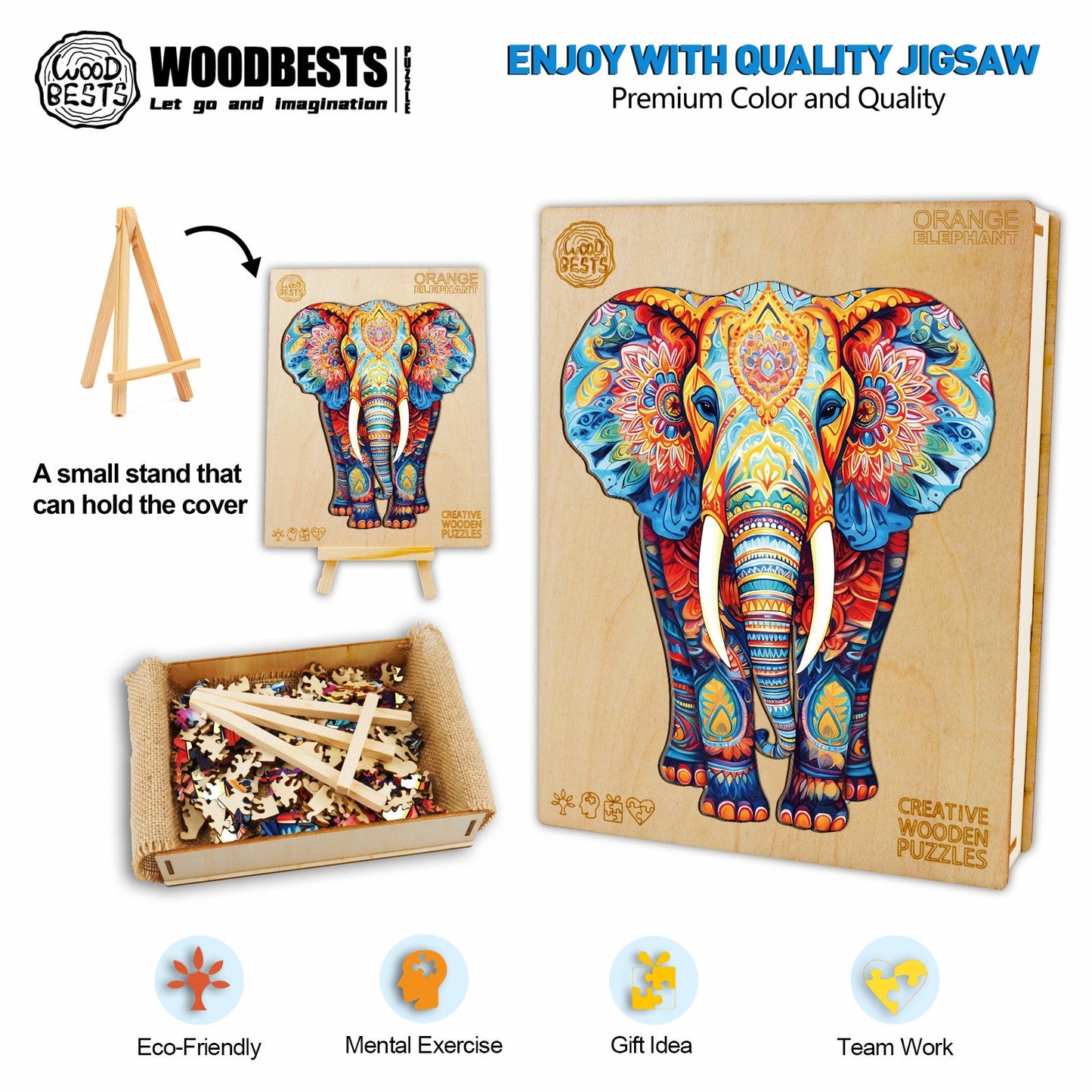 Ausgefallenes Holz-Puzzle – Oranger Elefant