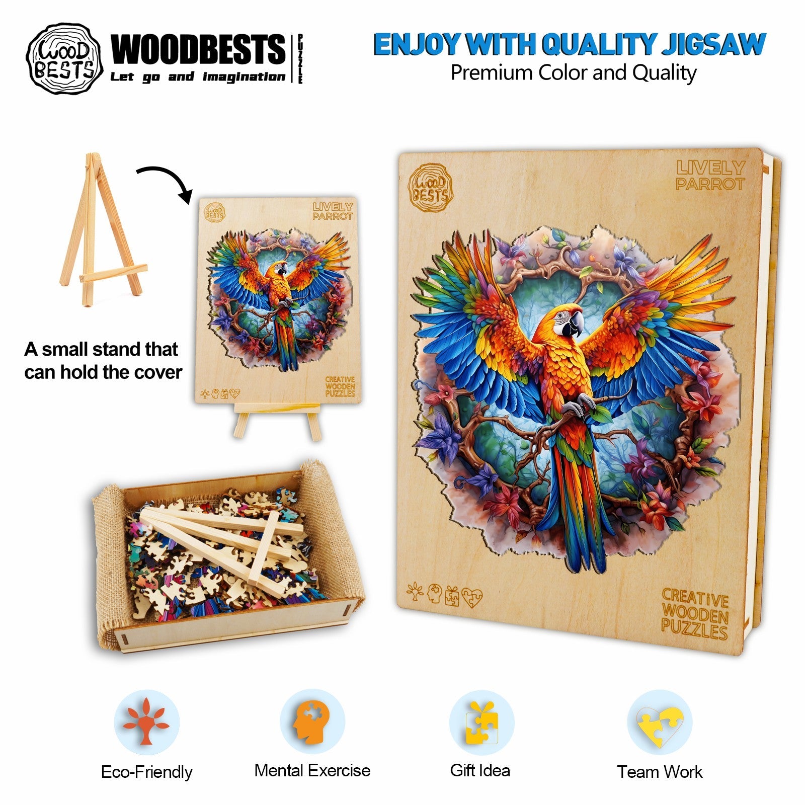 Whimsical Wooden Jigsaw Puzzle-Lively Parrot