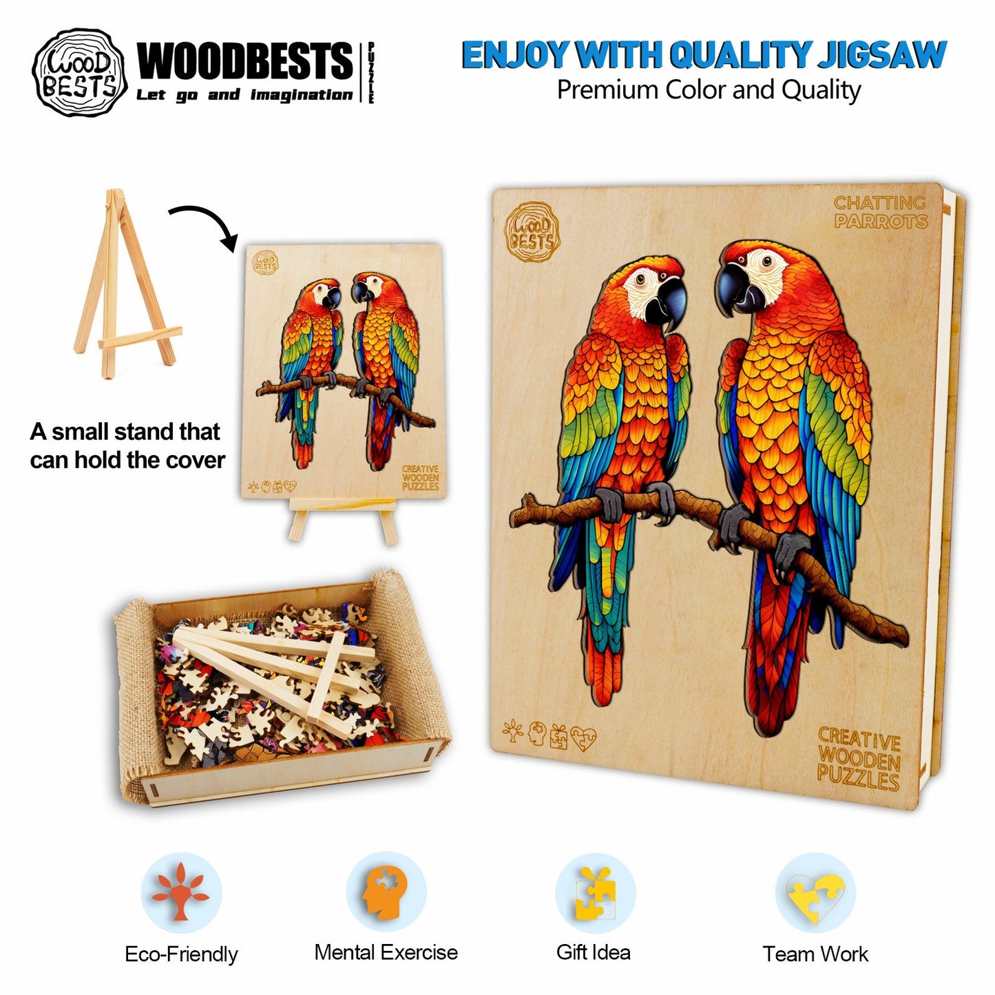 Whimsical Wooden Jigsaw Puzzle-Chatting Parrots