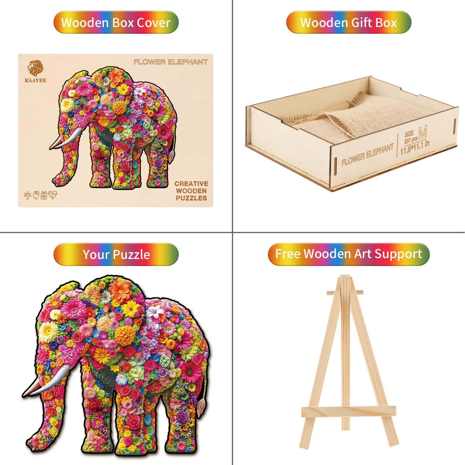 Whimsical Wooden Jigsaw Puzzle- Flower Elephant