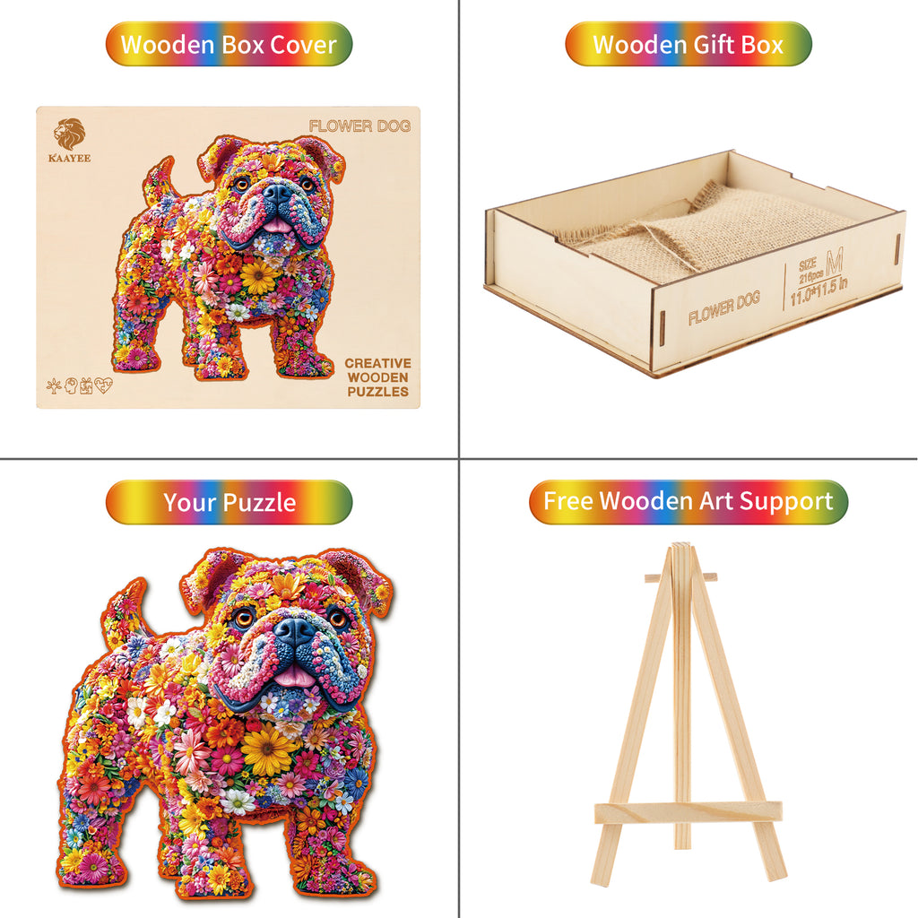 Whimsical Wooden Jigsaw Puzzle- Flower Dog