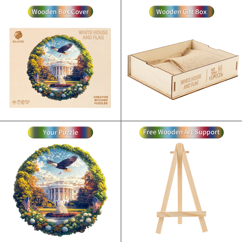 Casse-tête en bois fantaisiste - Maison Blanche et drapeau