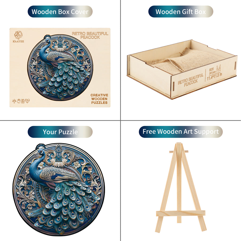 Whimsical Wooden Jigsaw Puzzle- Retro Beautiful Peacock