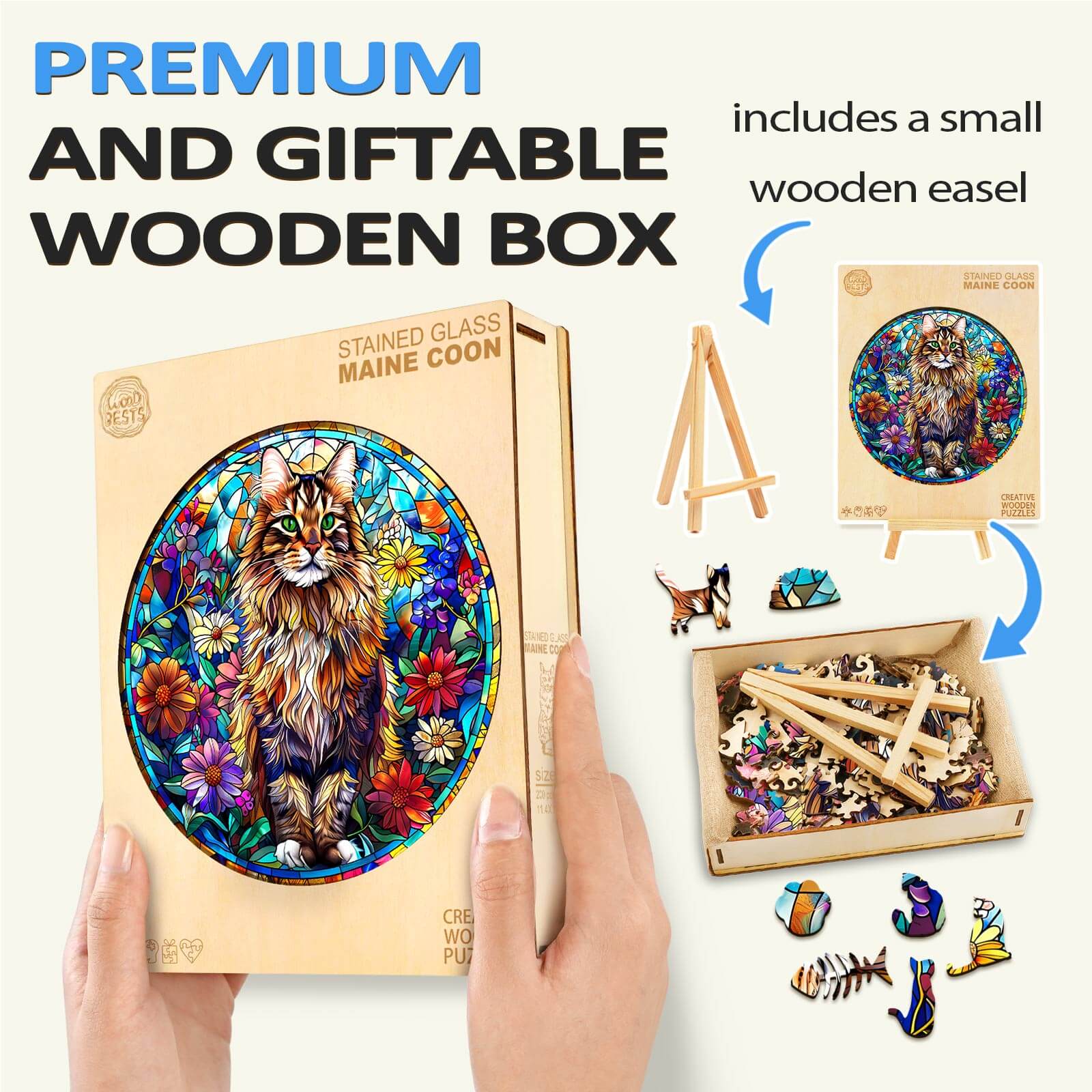 Whimsical Wooden Jigsaw Puzzle- Stained Glass Maine Coon