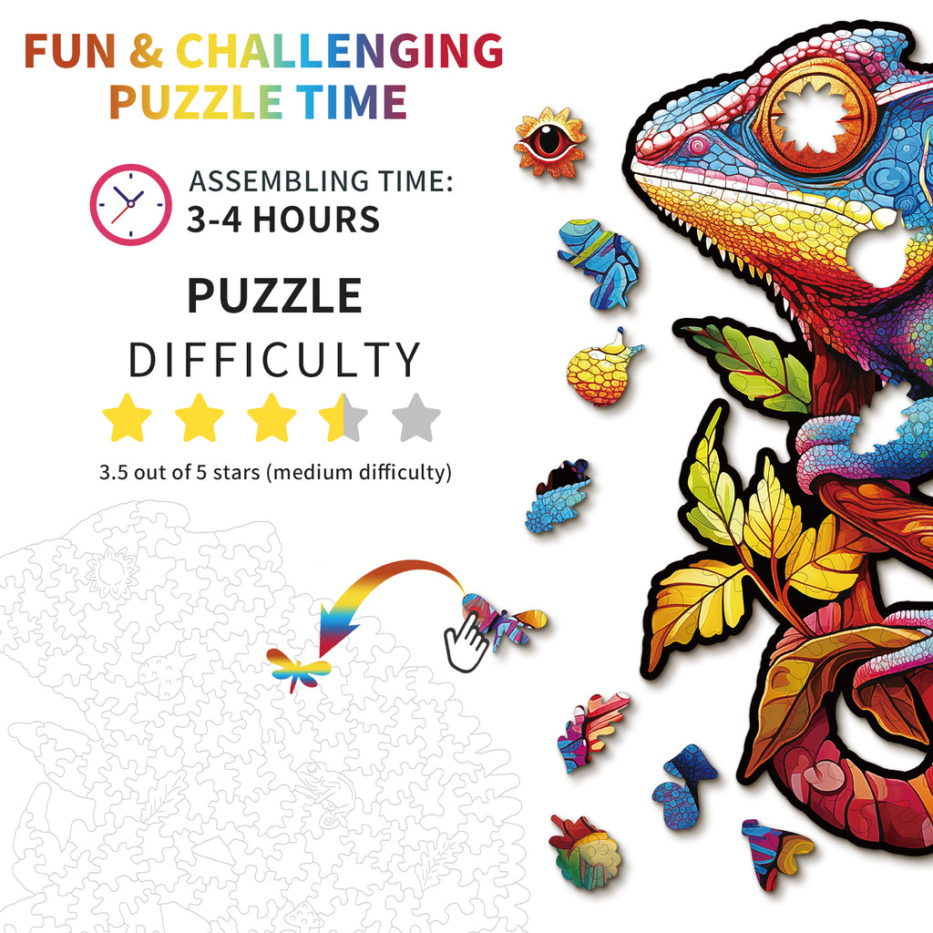 Whimsical Wooden Jigsaw Puzzle- Colorful Chameleon