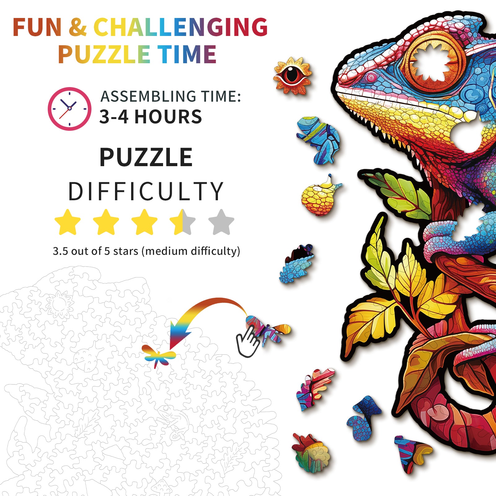 Whimsical Wooden Jigsaw Puzzle- Colorful Chameleon