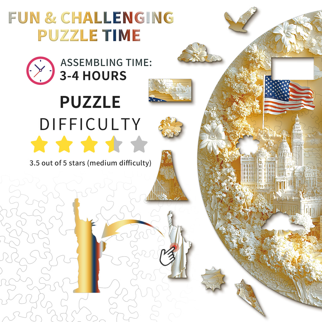 Whimsical Wooden Jigsaw Puzzle-Statue of Liberty and Flag