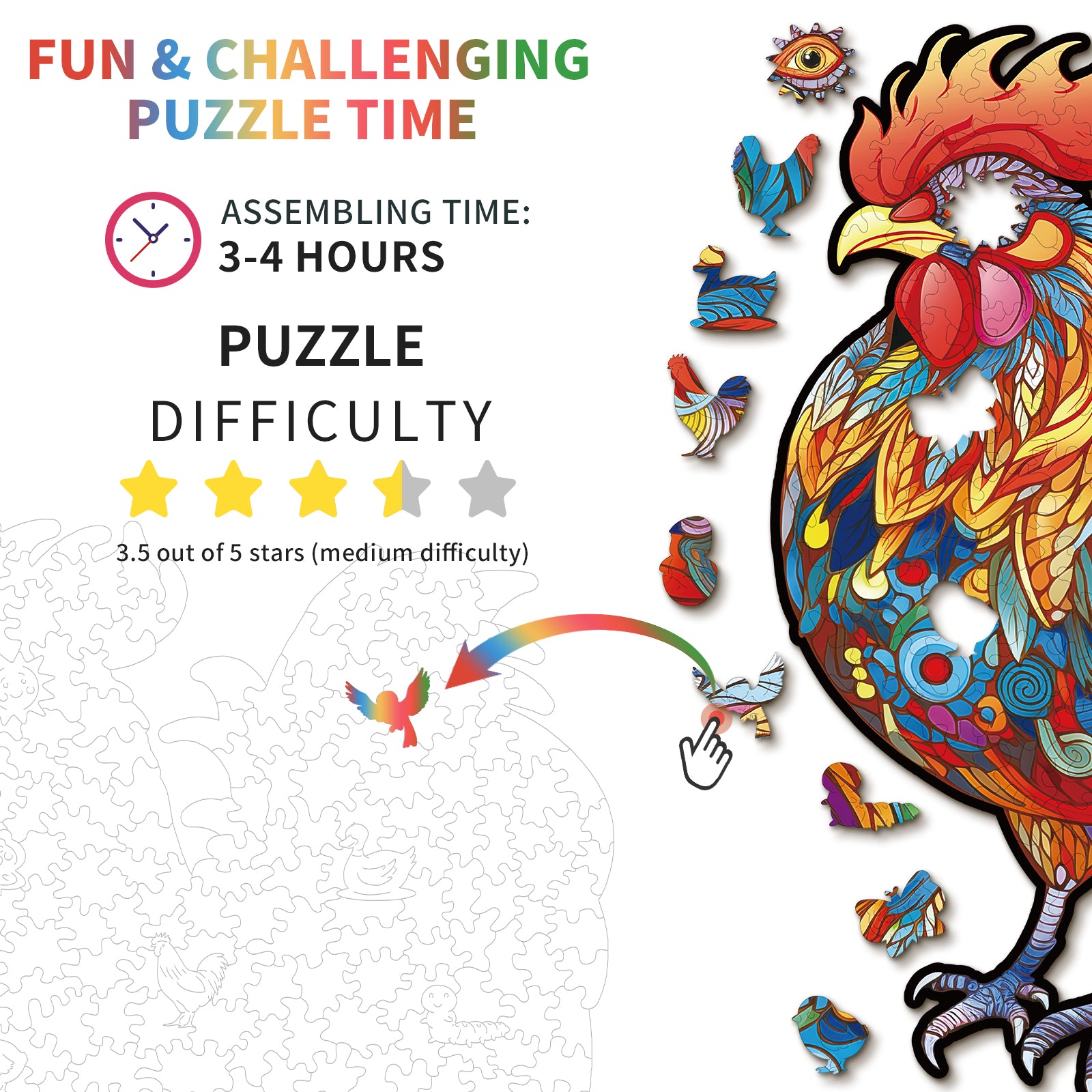 Whimsical Wooden Jigsaw Puzzle- Majestic Cock