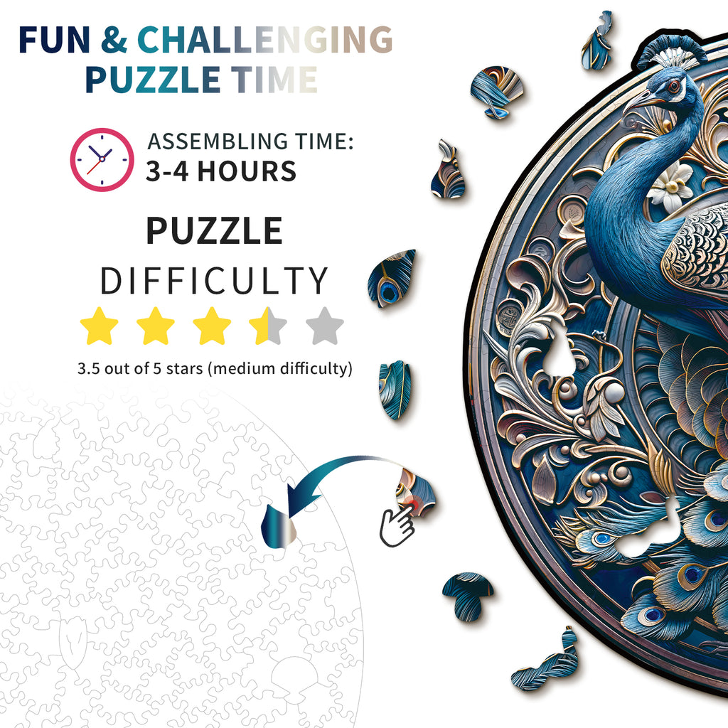 Whimsical Wooden Jigsaw Puzzle- Retro Beautiful Peacock