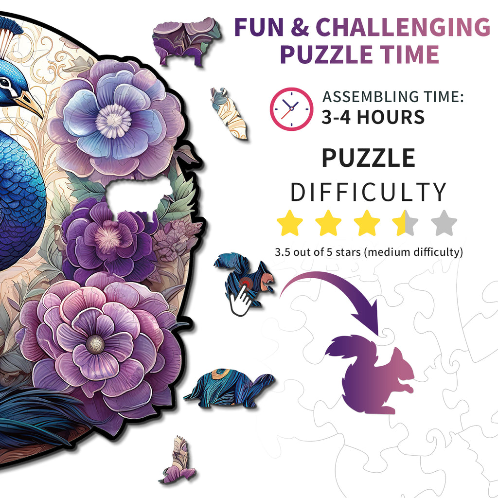 Whimsical Wooden Jigsaw Puzzle- Beautiful Peacock