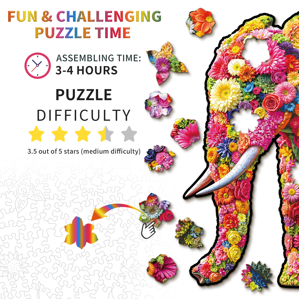 Whimsical Wooden Jigsaw Puzzle- Flower Elephant
