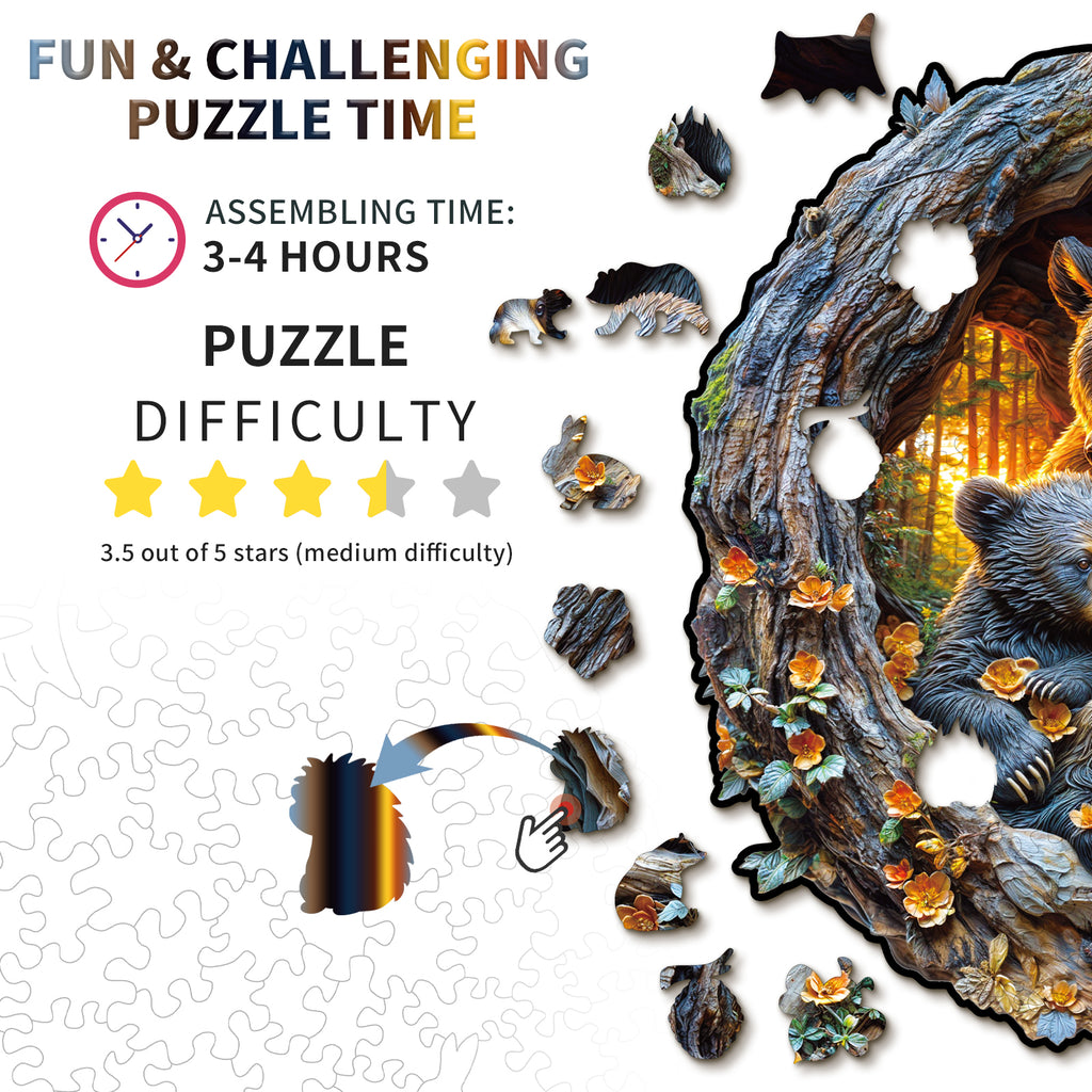 Whimsical Wooden Jigsaw Puzzle-  Hugging Bear and Cub