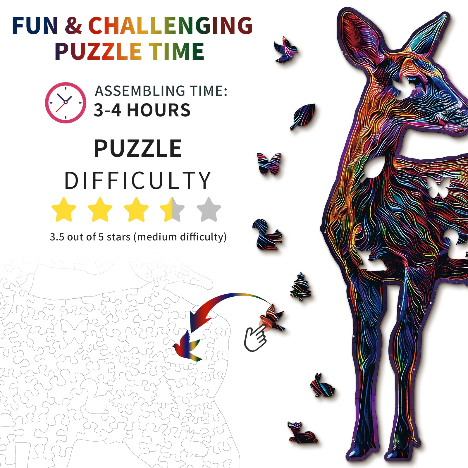 Whimsical Wooden Jigsaw Puzzle- Colorful Deer