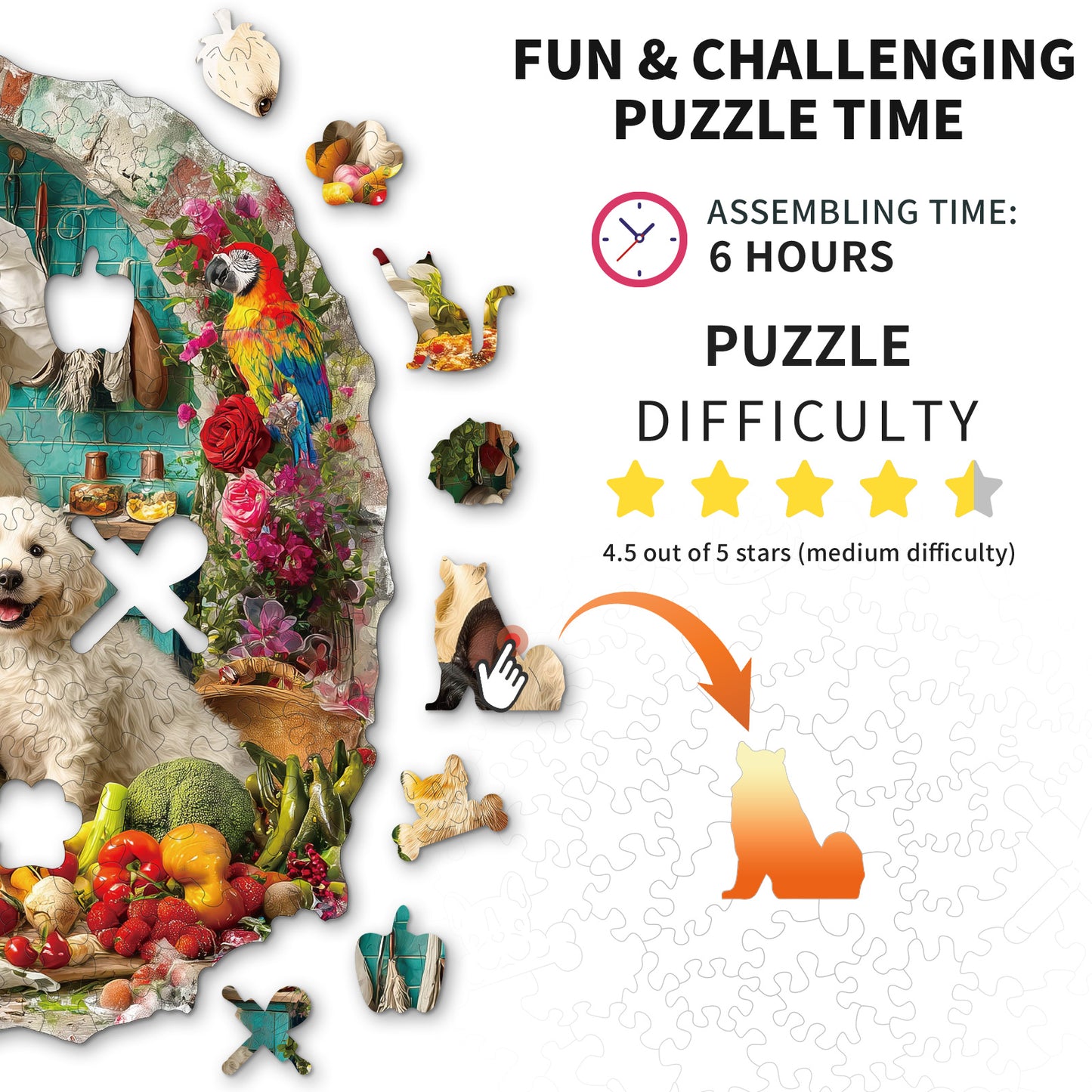 Verspieltes Holzpuzzle – Katze und Hund in der Küche
