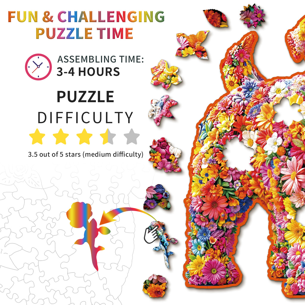 Whimsical Wooden Jigsaw Puzzle- Flower Dog