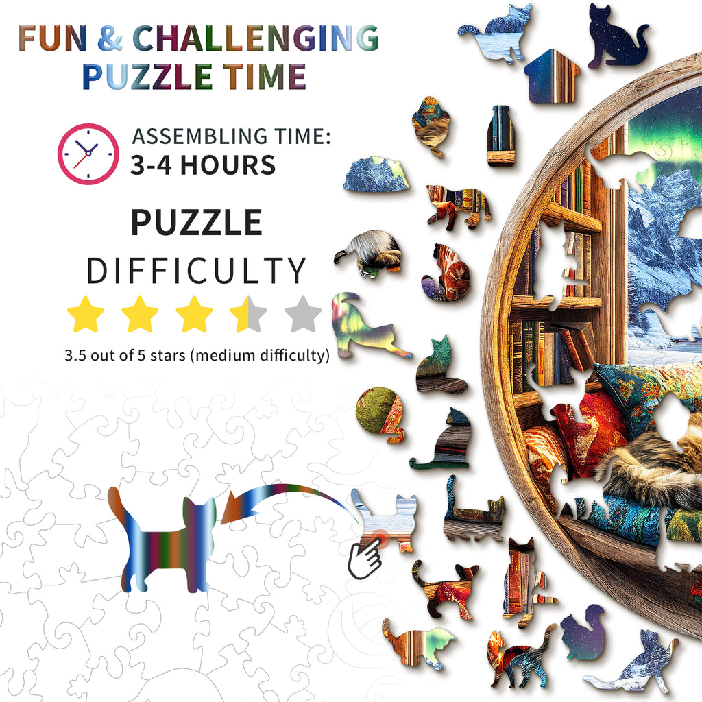 Whimsical Wooden Jigsaw Puzzle-Cat and Bookstore