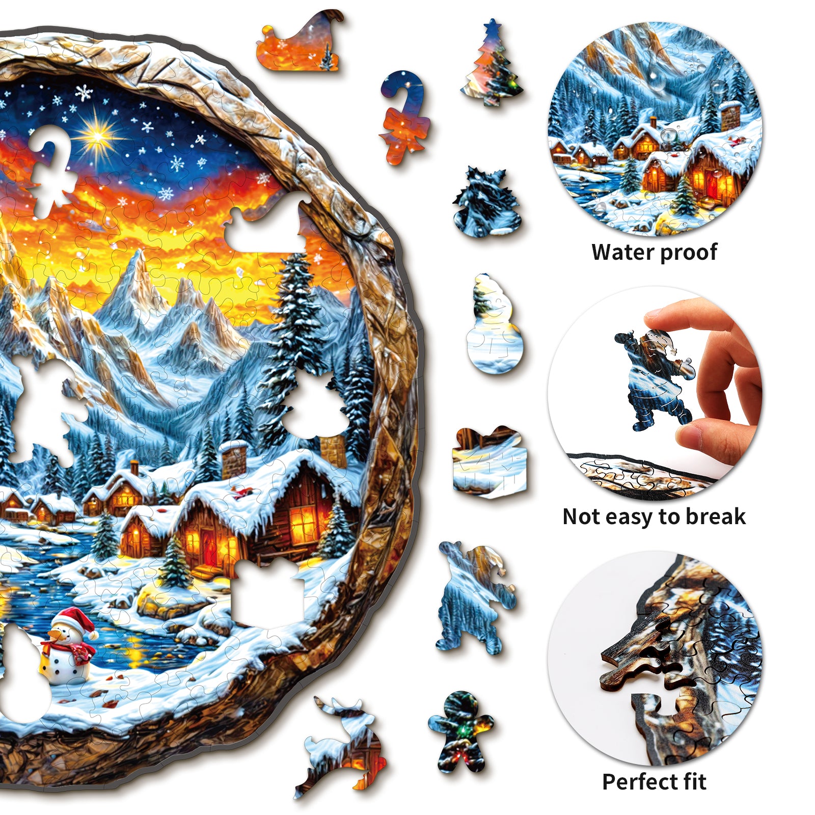 Puzzle en bois fantaisiste - Ville de Noël enneigée