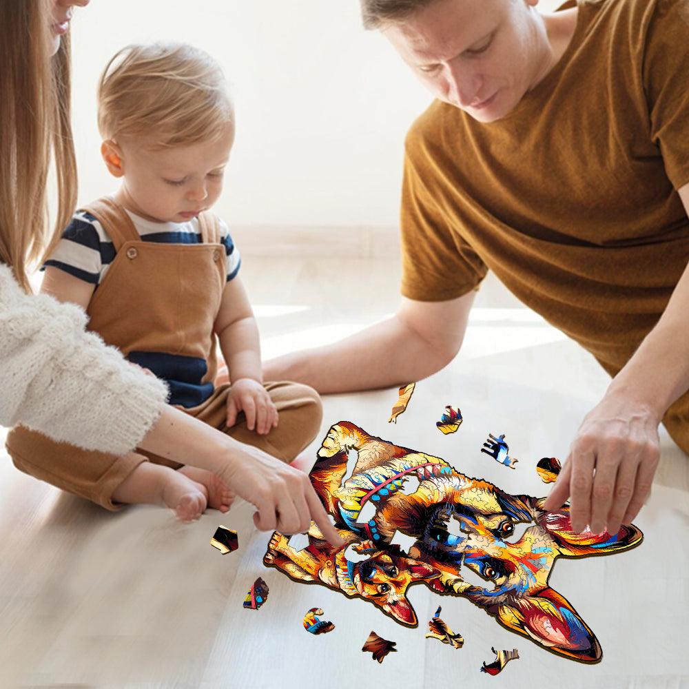 Verspieltes Holzpuzzle – Deutsche Schäferhund-Familie