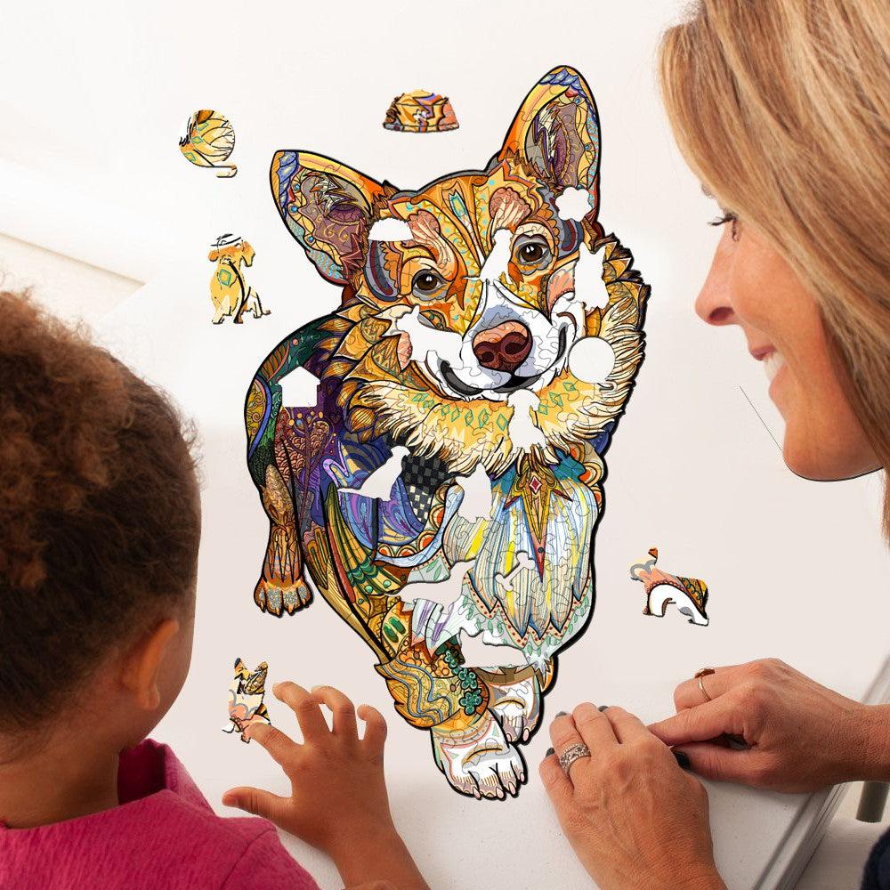Whimsical Wooden Jigsaw Puzzle-Clever Corgi