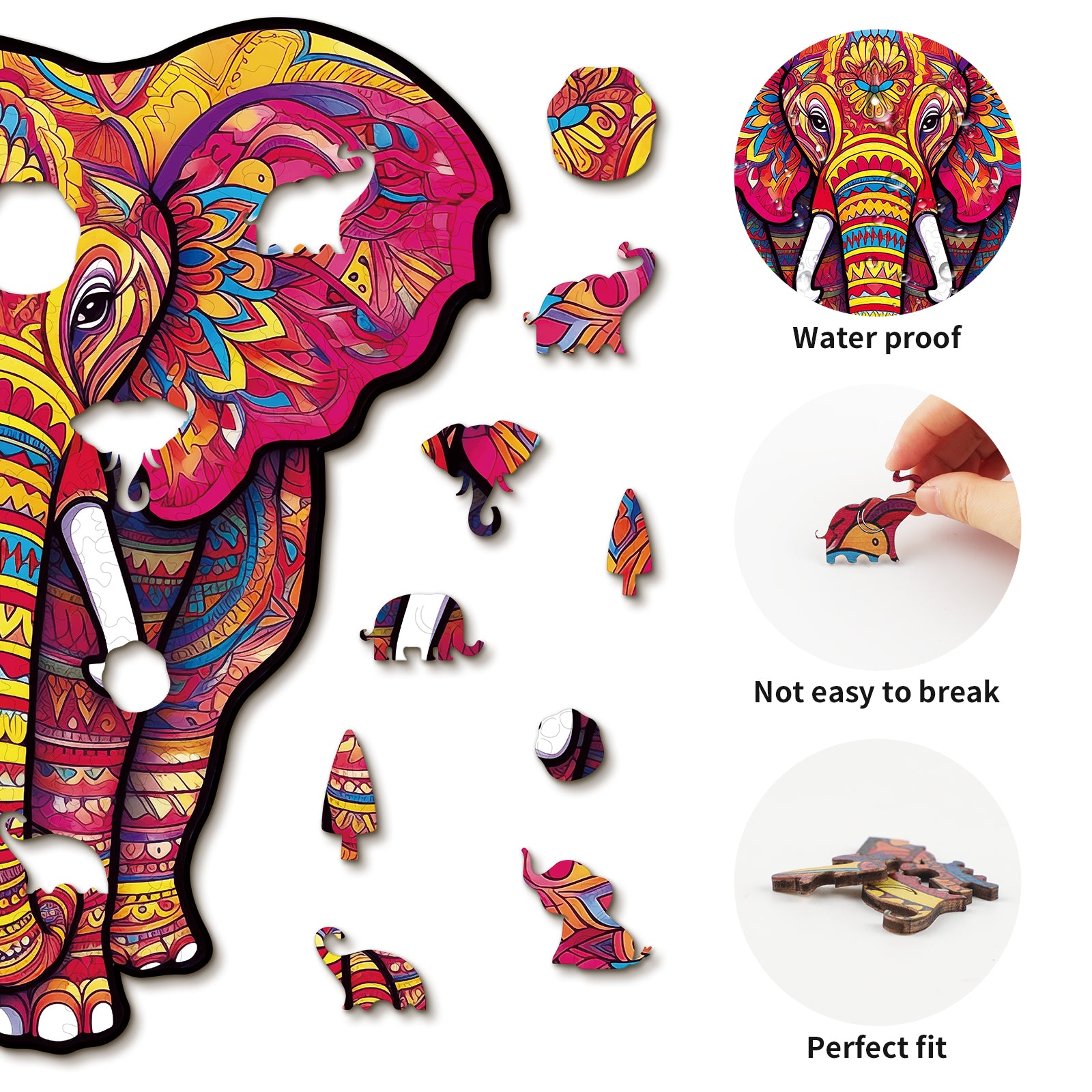 Whimsical Wooden Jigsaw Puzzle- Mandala Elephant Image secondaire du produit