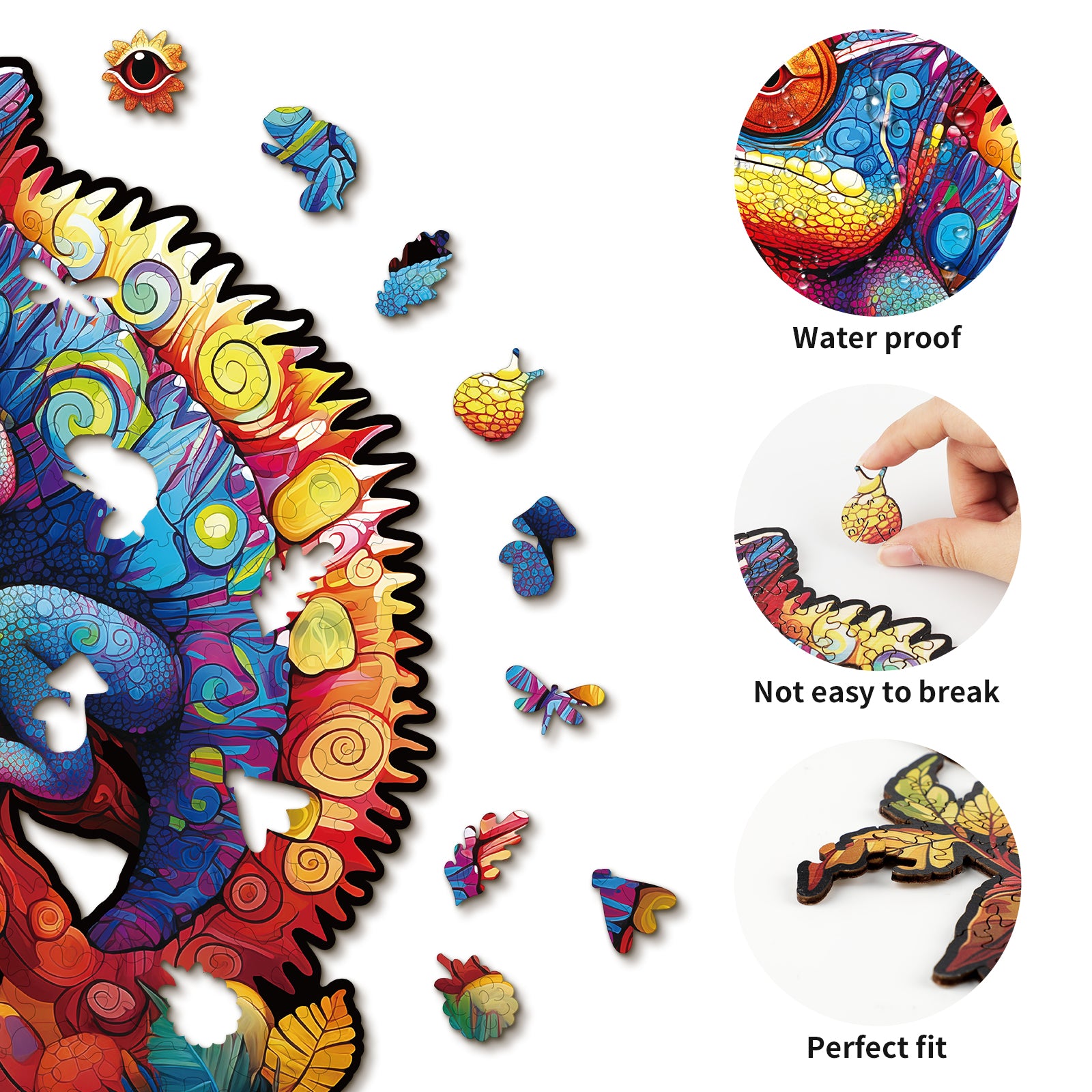 Whimsical Wooden Jigsaw Puzzle- Colorful Chameleon Image secondaire du produit