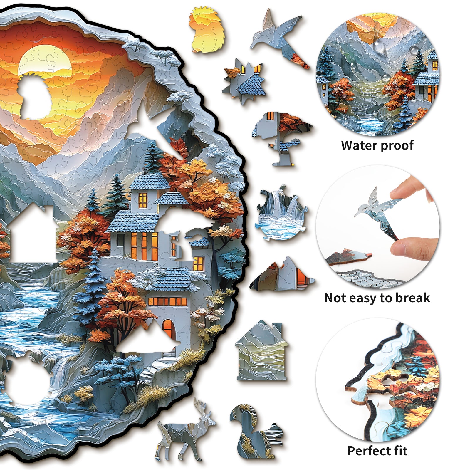 Whimsical Wooden Jigsaw Puzzle- Mountain Stream Cottage Secondary image