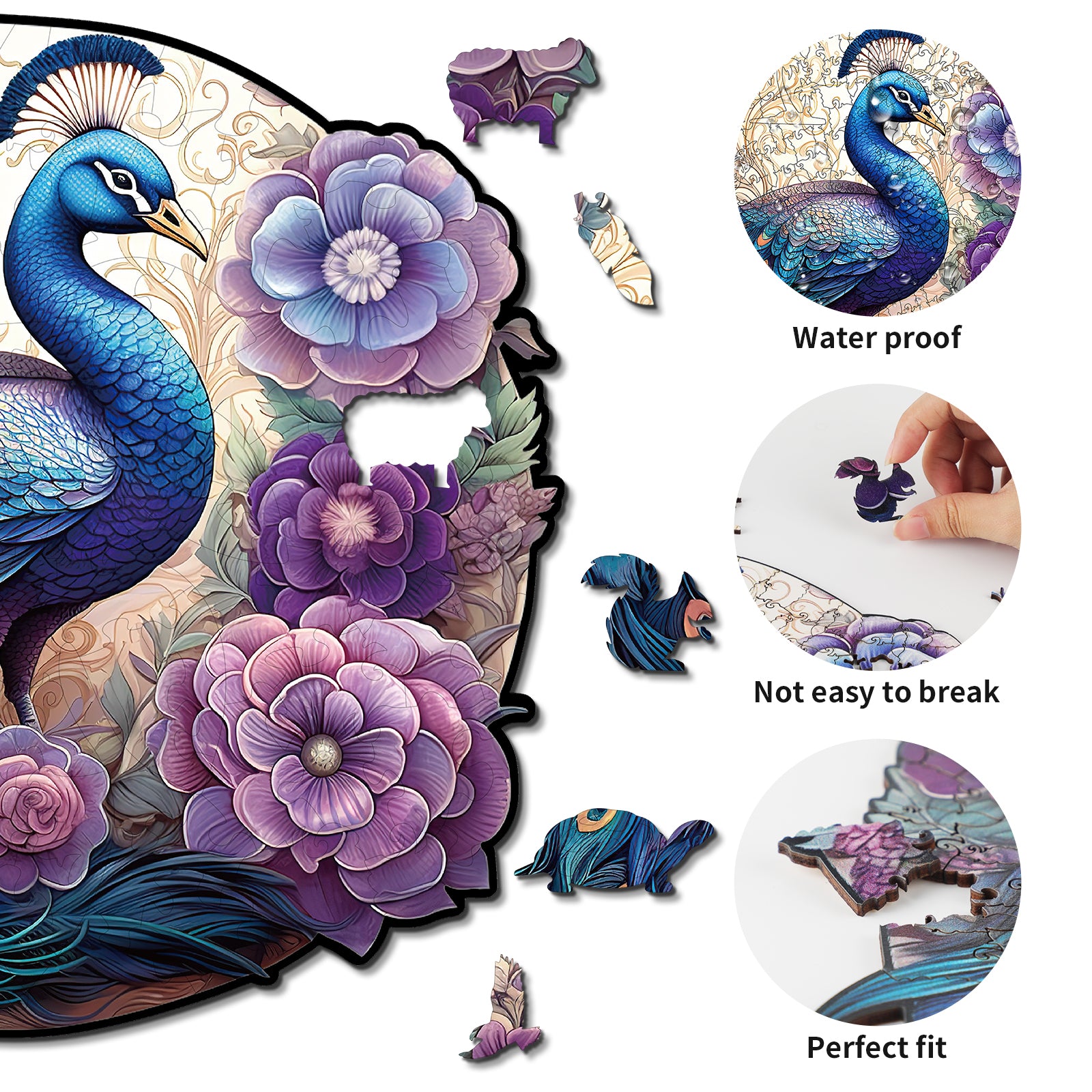 Whimsical Wooden Jigsaw Puzzle- Beautiful Peacock Secondary image