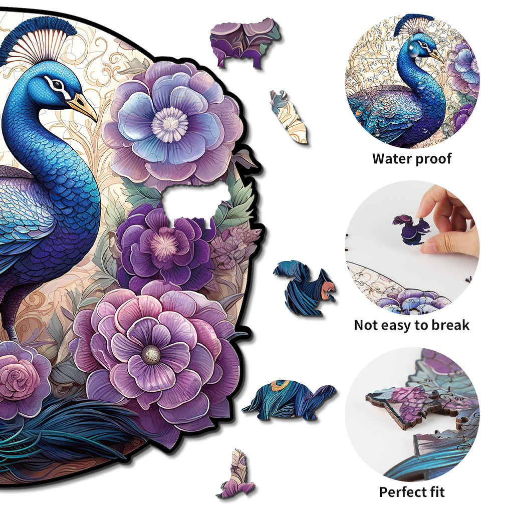 Whimsical Wooden Jigsaw Puzzle- Beautiful Peacock