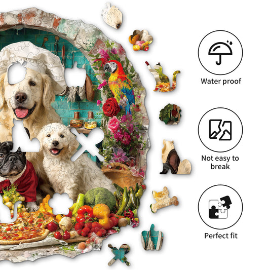Whimsical Wooden Jigsaw Puzzle- The Cat and Dog Kitchen