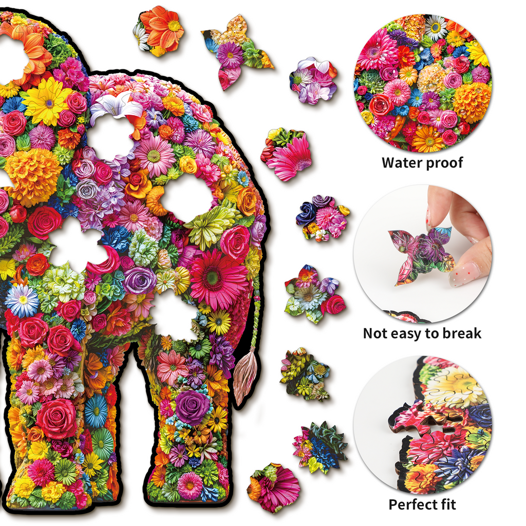 Whimsical Wooden Jigsaw Puzzle- Flower Elephant