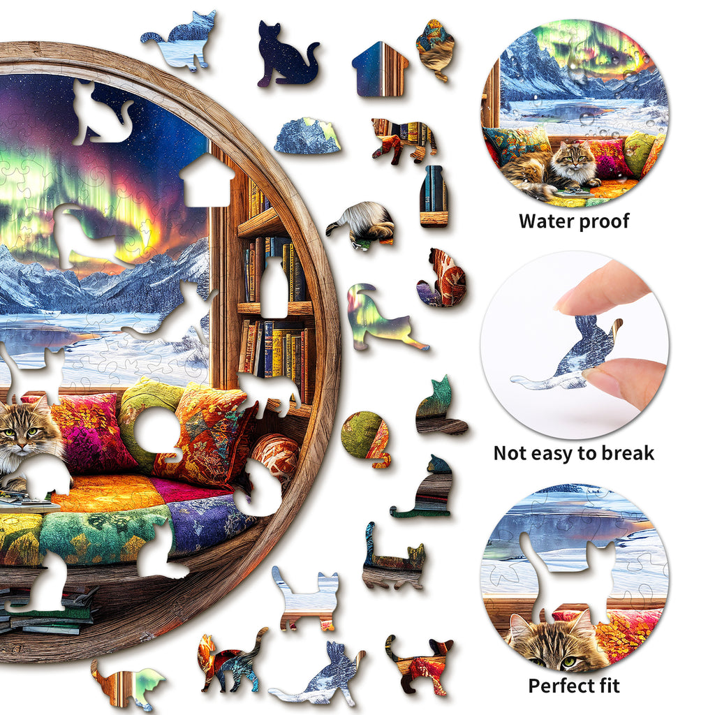 Whimsical Wooden Jigsaw Puzzle-Cat and Bookstore