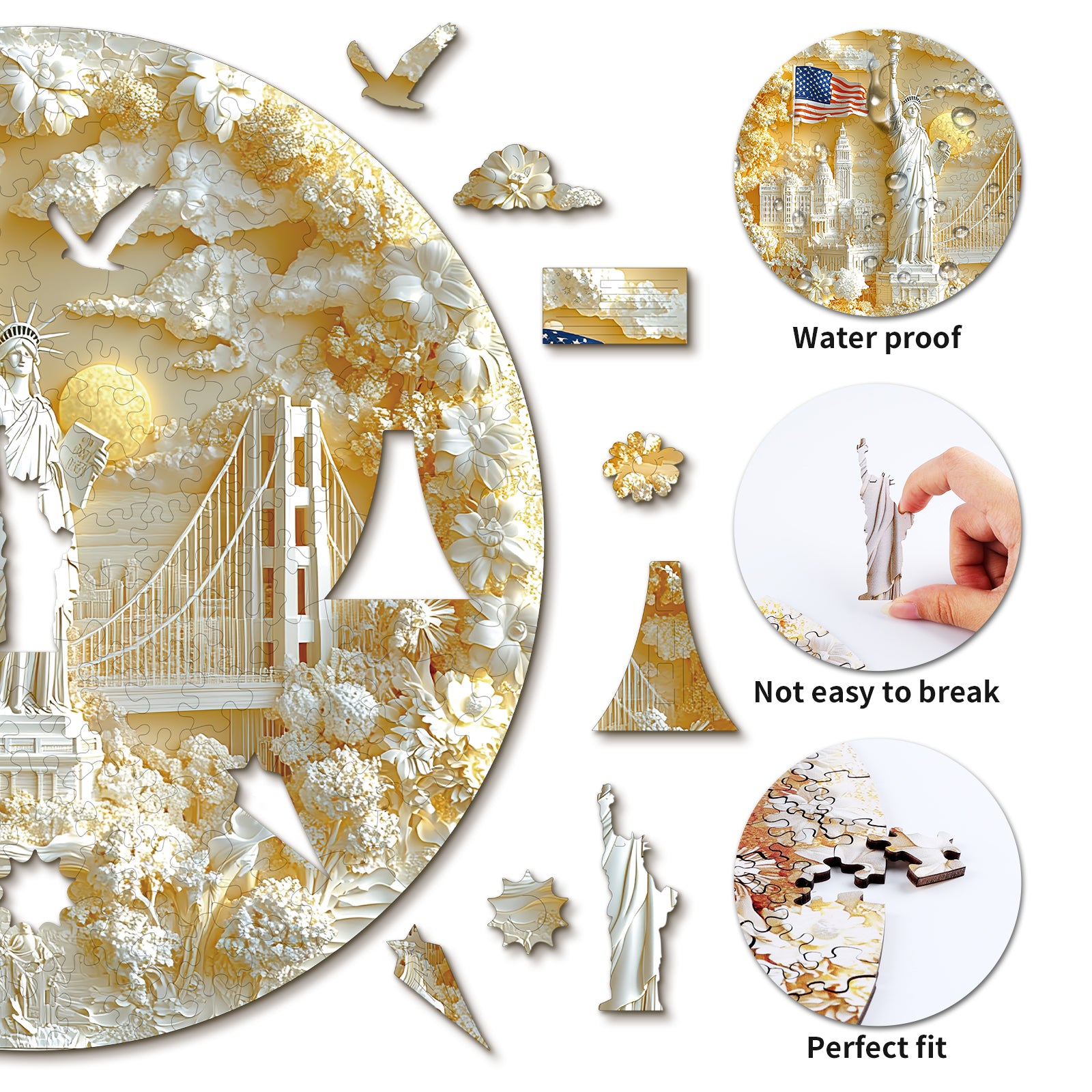 Whimsical Wooden Jigsaw Puzzle-Statue of Liberty and Flag Secondary image