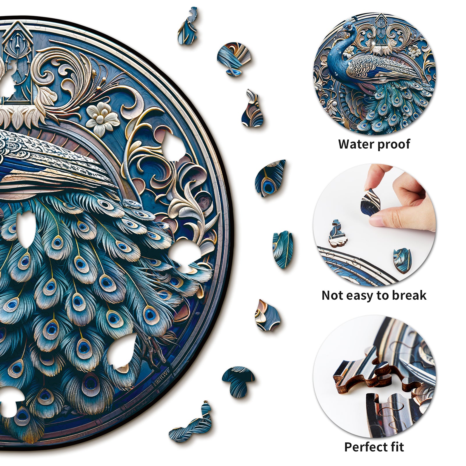 Whimsical Wooden Jigsaw Puzzle- Retro Beautiful Peacock Image secondaire du produit