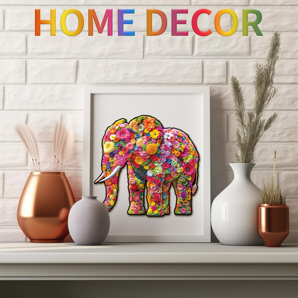 Whimsical Wooden Jigsaw Puzzle- Flower Elephant