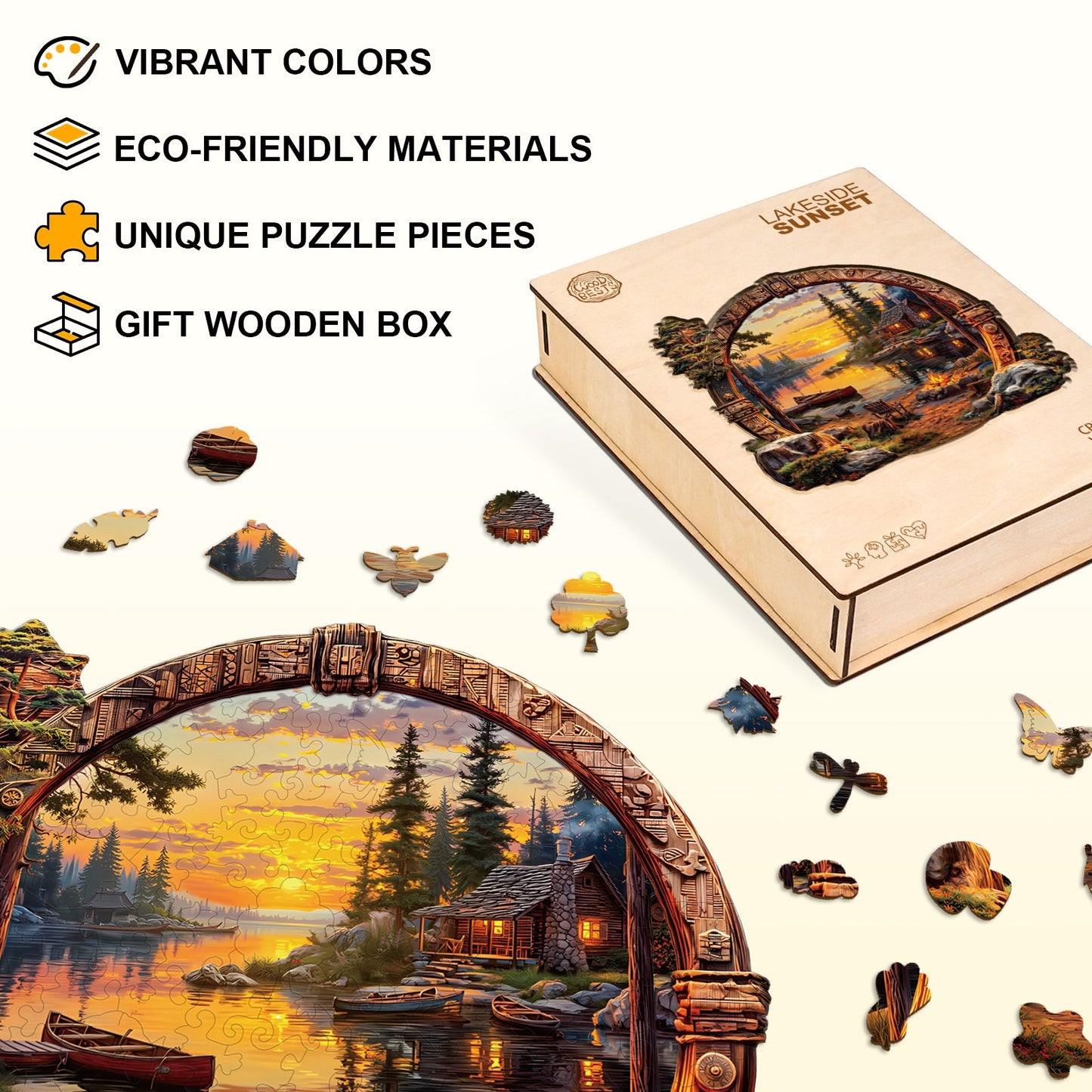 Ausgefallenes Holz-Puzzle – Sonnenuntergang am See
